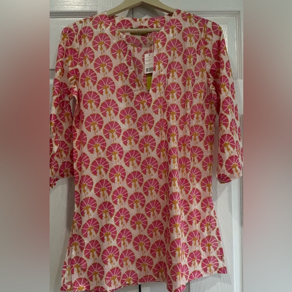 Rock Flower Paper Top Womens Small Pink Orange Cotton Tunic Boho Coastal India